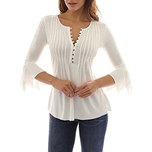 Minetom Women Ladies Elegant V Neck Bodycon Blouse Fashion Flare 3/4 Sleeve Lace Shirt Casual Breathable Solid Color Blouse Tops White UK 6