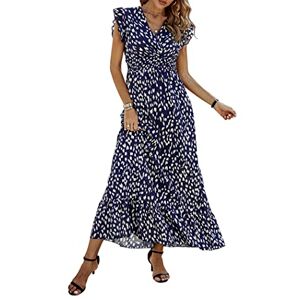 Awemeal Women's Summer Dress Elegant V-Neck Maxi Dress Print Boho Summer Long Dress Cap Sleeve Ruffle Beach Dress, darkblue, L