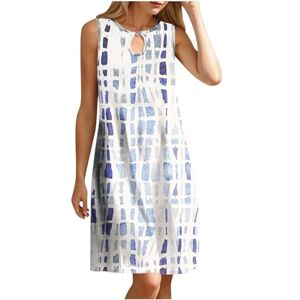 AMhomely Summer Dress 2024 Women Sleeveless Beach Dress Stripe Print Dress Loose Swing Dress Elegant Party Pullover Dress Crewneck Sundress Keyhole Neck Ethnic Dress Office Work Blue S