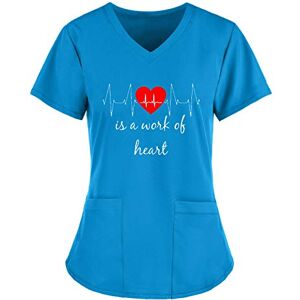 Rikay Love Print V-Neck Tunic Uniform for Women UK 2021 New Beauty Hairdressing Massage Therapist Nail Salon Spa Working Uniform Ladies Heartbeat Short Sleeve Pockets Carers Top Blue