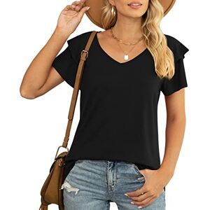 China YVH Womens Summer T Shirts Casual V Neck Double Layered Ruffle Short Sleeve Tops Tee Loose Fit Blouses, Black, L
