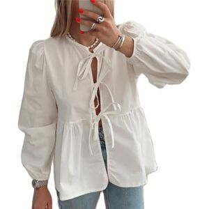 Pupuzizilili Women Y2k Tie Front Tops Puff Long Sleeve Peplum Shirts Laceup Babydoll Blouse 2024 Summer Cute Going Out Streetwear (White, L)