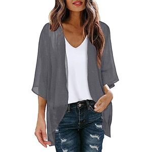 PAIDAXING Women's Chiffon Cardigan 3/4 Sleeve Summer Beach Cover Up Ladies Open Front Kimono Cardigan Shrug Lightweight Sheer Shawl Blouse Casual Beachwear Tops Grey