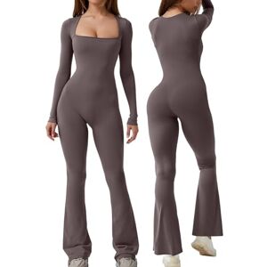 Carolilly Womens Yoga Long Sleeve Exercise Jumpsuit Long Sleeve Square Neck Solid Slim Fit Romper Clubwear Backless Jumpsuit for Women Workout One Piece Bodysuit (Coffee, L)