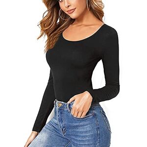 STAR FASHION Women Ladies Long Sleeve Round Neck Plain Top Stretchy Casual T Shirts Basic Slim fit Tee Tops UK Size 12-14 - Black