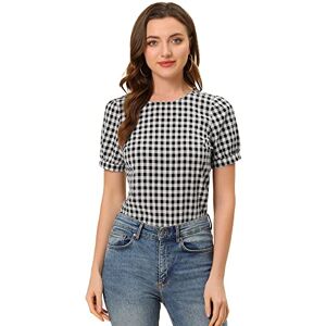 Allegra K Women's Summer Casual Gingham Crew Neck Top Vintage Puff Short Sleeve Blouse Black XL-20