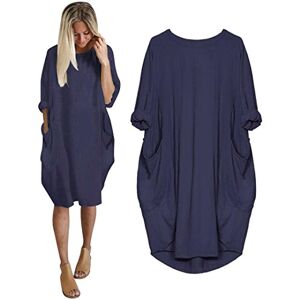 Quistal Women Tunic Dress Loose Crew Neck Plain Solid Oversize Baggy Party Shirt Mini Short Dresses With Pockets (XL, Navy)