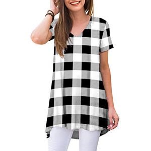 POPYOUNG Women's Summer Casual Short Sleeve Tunic Tops to Wear with Leggings V-Neck T-Shirt Loose Blouse L, White Plaid