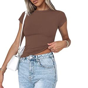 Geagodelia Womens Basic Crop Top Y2K Solid Color Short Sleeve Crew Neck Slim Fit Stretchy T-Shirt Ladies Tee Shirts Summer Gym Workout Going Out Tops for Teens (A 01-Brown, L)