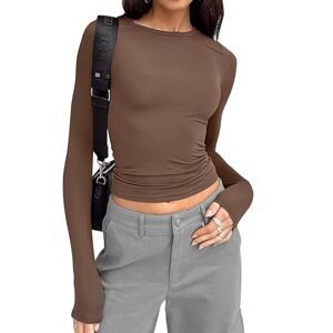 JENCVNL Women's Slim Fit Crop Tops Basic Long Sleeve Tight T Shirt Y2K Tops Casual Solid Color Crew Neck Tee Shirts Going Out Tops (UK, Alpha, L, Regular, Regular, Brown)