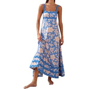 IMEKIS Women Boho Summer Dress Sleeveless Floral Print Rickrack Trim Casual Sundress A-Line Smocked Back Flowy Maxi Long Dress for Beach Holiday Light Blue L