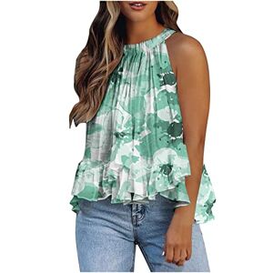 Women Casual Blouse AMhomely Women's Halter Neck Tank Tops Floral Sleeveless Shirt Pleated Casual Camisole Sweatshirt Loose T Shirt Blouses Jumper Henley Shirts Elegant for Ladies UK Z4 Green