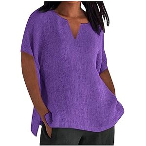 Amhomley Women Long Sleeve Tunic Shirts AMhomely Tunic Tops for Women UK Casual Short Sleeve V Neck Loungewear Tops Soft Cotton Linen Shirts Solid Color Loose Skate Shirt Fitness Top Pullover 178 Purple XXL