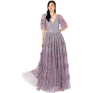 Maya Deluxe Women's Maxi Dress Ladies V-Neck Sequin Embellished Ruffle Detail for Wedding Guest Bridesmaid Prom Occasion Ball Gown, Moody Lilac, 28