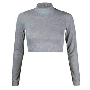 Womens Turtle Neck Crop Ladies Long Sleeve Plain Polo Short Stretch Top Cropped Tees UK 8-14 (Light Grey UK 8-10)