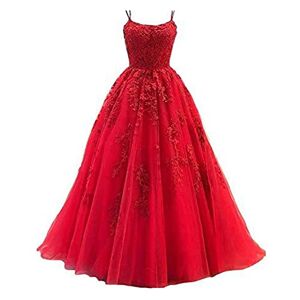 AmphaDeco Women's Spaghetti Straps Lace Tulle Appliques Ball Gown,Formal Party Wedding use,Wedding Gown,Evening Dress,Red,XL