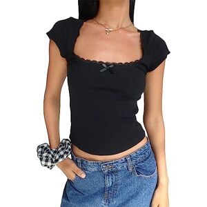 Betrodi Women Grunge Lace Trim Shirt Square Neck Y2k Summer Crop Top Aesthetic Slim Fit T-Shirt Vintage Streetwear(Style1A-Black,S)