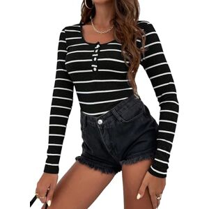 GORGLITTER Women's Striped Print Half Button Down Tee Long Sleeve Fitted T Shirts Outgoing Tops Black Striped XS