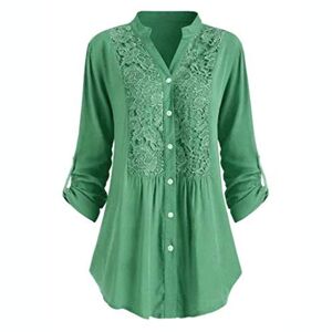 Clearance!Hot Sale!Cheap!Prime Day 2023! AMhomely Womens Tops Sale Clearance Ladies Long Sleeve Tops Lace Casual Loose Blouses Plus Size T Shirts Button Down Shirts for Women V Neck Long Sleeve Shirts Formal Work Blouses Tops 2# Green