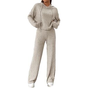 Geagodelia Women's Two Piece Ribbed Lounge Wear Set Ladies Loungewear Knit Co Ord Set Top + Trousers Y2k Aesthetic Clothes Tracksuit Outfit UK (B - Champagne, L)