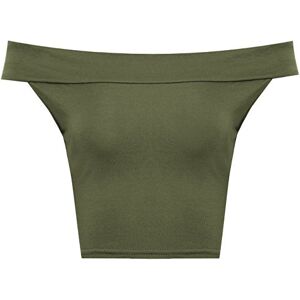 WearAll Womens Off Shoulder Plain Short Crop Bandeau Ladies Open Cowl Neck Top 8 - Khaki Green - 8-10