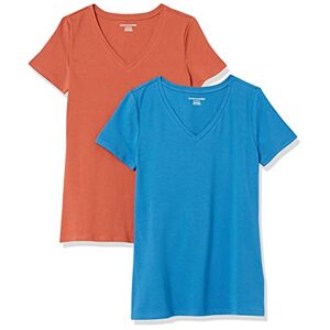 Amazon Essentials Women's Classic-Fit Short-Sleeve V-Neck T-Shirt, Pack of 2, Terracotta/Blue, XS