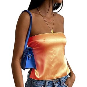 YILEEGOO Women's Casual Summer Satin Strapless Bandeau Tube Tops Backless Bandage Cropped Vest Shirts (Orange, L)