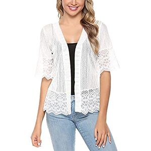 SANSIWU Women Summer Casual Lace Crochet Cardigan Short Sleeve Ruffle Solid Color Open Front Blouse Jacket (A-White, L)