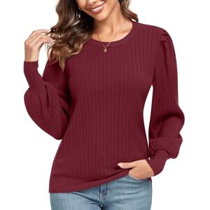 Anyhold Women's Puff Long Sleeve Jumpers Lightweight Crew Neck Pullover Sweater Loose Casual Top Shirts 2X-Large, Wine Red