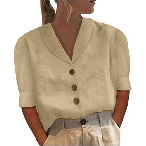 RLEHJN Linen Shirt Women V Neck Summer Cotton Linen Tops Regular Fit Solid Color Shirts Button Down Casual Elegant Tops Half Sleeve Basic Tees Shirts Going Out Office Work Blouse Khaki