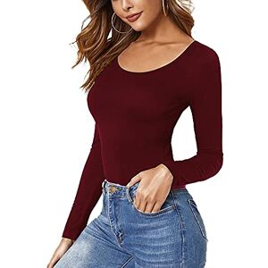 STAR FASHION Women Ladies Long Sleeve Round Neck Plain Top Stretchy Casual T Shirts Basic Slim fit Tee Tops UK Size 12-14 - Wine