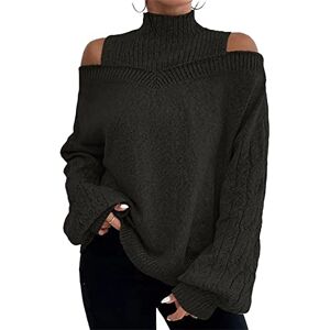 Morydal Women's Knitted Sweaters High Neck Cold Shoulder Ribbed Knit Pullover Sweater Solid Color Puff Sleeve Cable Knit Jumper Top Black L