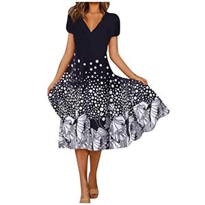 Summer Dresses for Women UK Sale Clearance Plus Size V Neck Maxi Dress Ladies Short Sleeve Flowy Swing Long Dress Elegant Casual Print Dresses Loose Beach Holiday Daily Sundress Size S-2XL Navy
