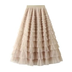 KOGORA skirt Spring Party Skirt Elastic High Waist Long Tulle Skirt Women Skirt Ladies-Apricot Color-L