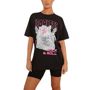 Ladies Fearless Printed T Shirt Womens Short Sleeve Crew Neck Tiger Print Tops Rock & Roll Oversized T Shirt (Black UK 12-14)