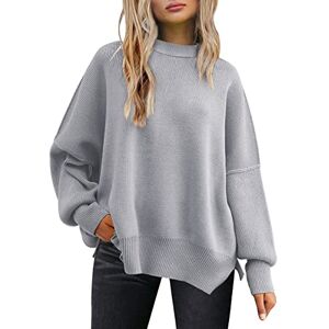 LILLUSORY Women's Crewneck Batwing Long Sleeve Sweater 2023 Fall Oversized Ribbed Knit Side Slit Pullover Top, Grey, L