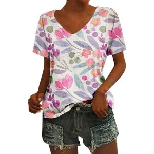 CUTeFiorino Top Puff Women's Casual Short Sleeve V-Neck Floral Print Cat T Shirt Women, pink, S