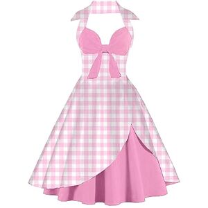 Women's 50s 60s Vintage Pink Plaid Dress Halter Backless Ruched V-Neck A-Line Swing Rockabilly Tea Party Prom Cocktail 1950s Retro Dress Pink+White XXL