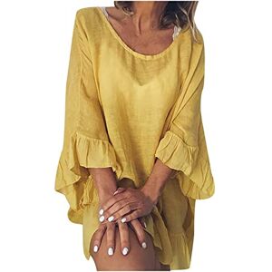 Generic K-786 Mustard Yellow Womens 3/4 Sleeve Swimwear Loose Fit Dress Swimwear Cover Up for Ladies Boat Neck Faux Gauze Linen Beach Lounge Hawaiian Peplum Tropical Basic Swimwear 2024 RD XXL