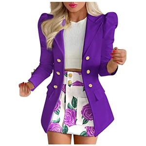 Womens 2 Piece Outfit Suit Casual Long Puff Sleeve Cardigan Blazer + Short Skirt Suit Work Business Office Formal Wedding Guests Coats and Jackets Ladies Autumn Outerwear Purple