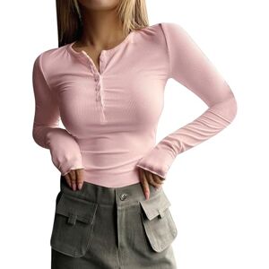 ClodeEU Women Ribbed Tops V Neck Long Sleeve Plain Blouse Button Down Tunic Casual Shirts for Vacation Travel Daily Pink