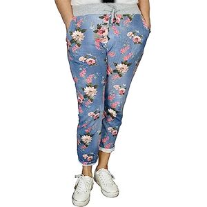 c2pwear Womens Elasticated Waist Turn Up Italian Trousers Side Pocket Drawstring Summer Pants (Dark Denim Ella Print UK 20-22)