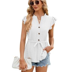 BAODANWUXIAN Short Sleeves Women Shirts V Neck Lace Up Short Sleeved Casual Loose Button Tops Wear-White-Xl