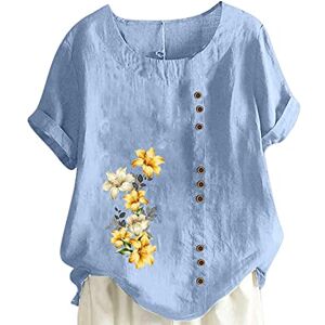 Amhomely Womens Clothes Sale Clearance AMhomely Womens Cotton Linen Tops Plus Size Short Sleeve Casual Plus Size Round Neck Printed Loose Button Top Boyfriend Style Lightweight Lounge Shirts Lagenlook Tops Resort Outfits, A01 Light Blue