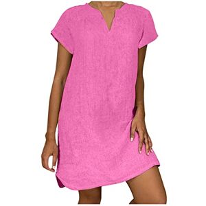 Generic K-796 Pink Women Short Sleeve Dress Loose Fit Dress for Women V Neck Faux Linen Beach Lounge Hawaiian Tropical Plain Midi Knee Length Summer Fall Dress 2024 2J 3XL