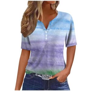 Generic C-866 Multicolor Short Sleeve Tshirts for Ladies Summer Fall Henley V Neck Spandex Gradient Loose Fit Long Casual Tie Dye Tops Shirts Womens Button 2024 Clothes M