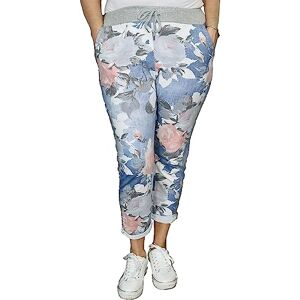 asfashion online Womens Elastic Waist Turn Up Italian Trousers Floral Print Side Pocket Drawstring Summer Pants (Light Denim Rose Print UK 12-14)