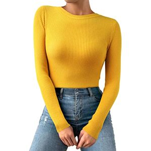 Aq899 Thermal Top for Women UK Casual Solid Color Deep Crewneck Stretch Knit Long Sleeve Top Basic Blouse Fall Winter Clothes (2A-Yellow, One Size)