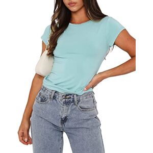 Geagodelia Womens Basic Crop Top Y2K Solid Color Short Sleeve Crew Neck Slim Fit Stretchy T-Shirt Ladies Tee Shirts Summer Gym Workout Going Out Tops for Teens (A 01-SkyBlue, L)