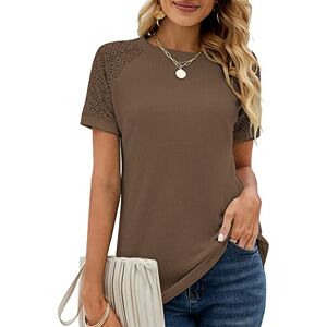 Bequemer Laden Womens Summer Lace Short Sleeve Tshirts Crew Neck Casual Loose Tops Shirt Blouse Coffee